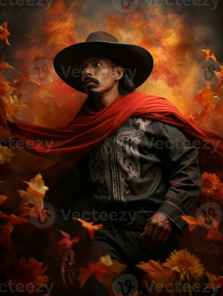 photo of emotional dynamic pose Mexican man in autumn AI Generative