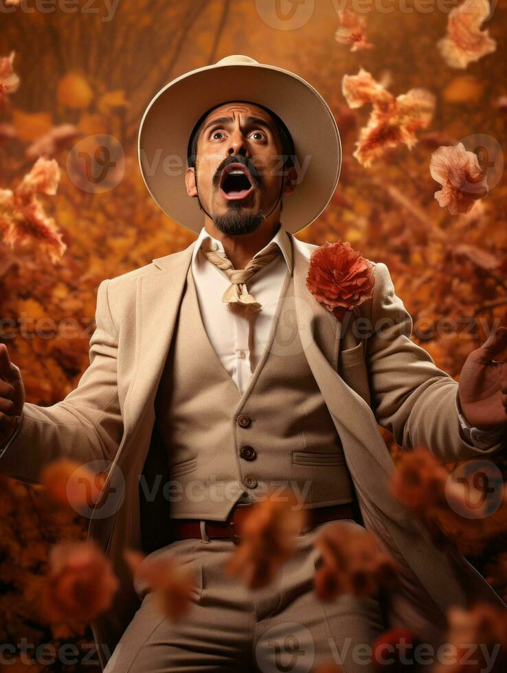 photo of emotional dynamic pose Mexican man in autumn AI Generative