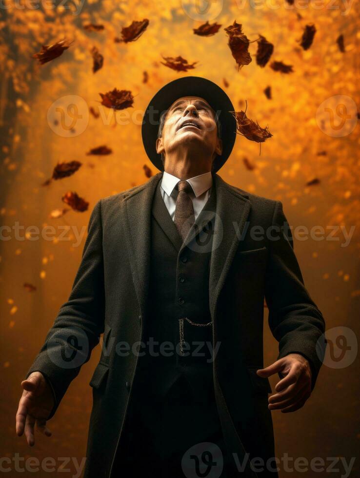 photo of emotional dynamic pose Mexican man in autumn AI Generative