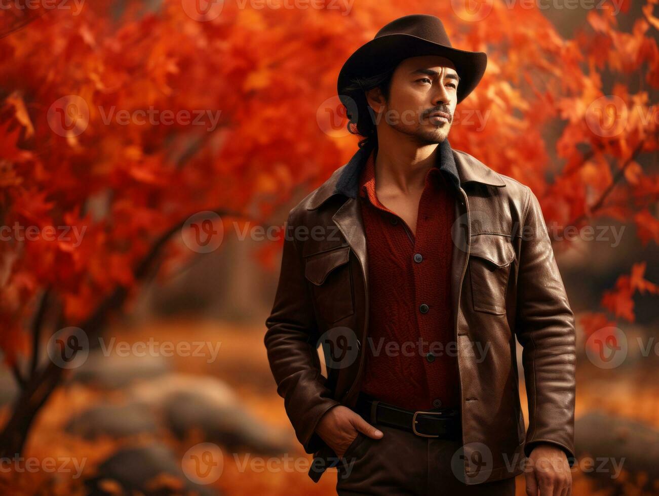 photo of emotional dynamic pose Mexican man in autumn AI Generative