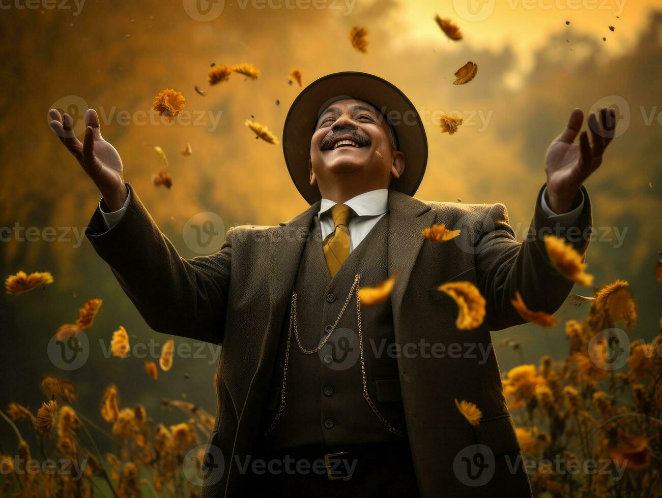 photo of emotional dynamic pose Mexican man in autumn AI Generative