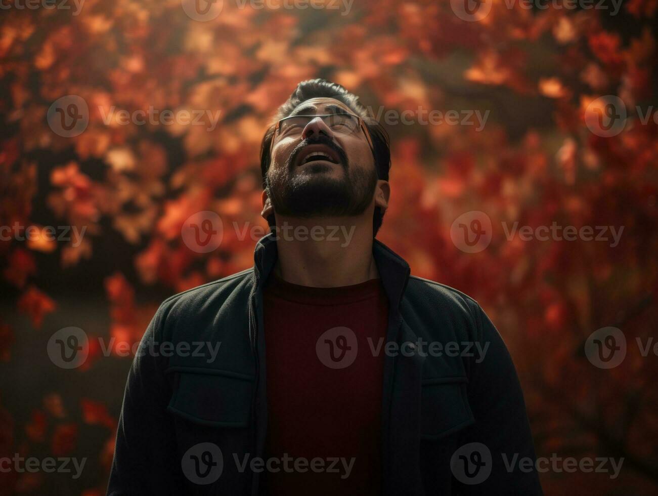 photo of emotional dynamic pose Mexican man in autumn AI Generative