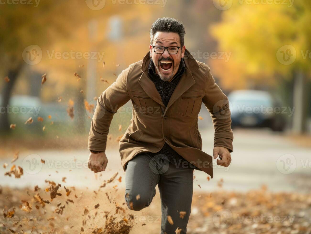 photo of emotional dynamic pose Mexican man in autumn AI Generative