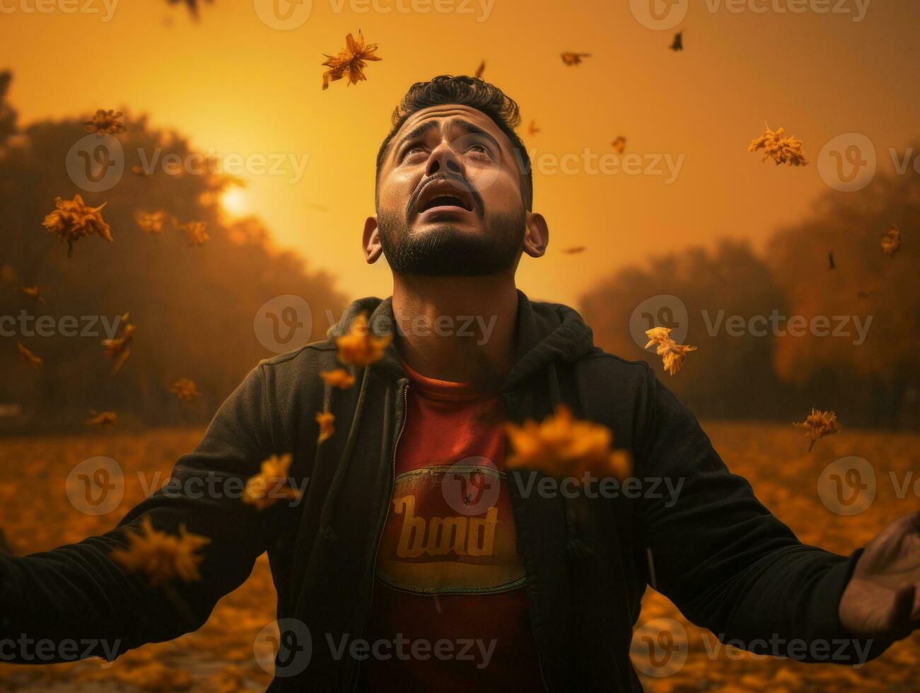 photo of emotional dynamic pose Mexican man in autumn AI Generative
