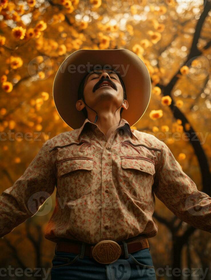 photo of emotional dynamic pose Mexican man in autumn AI Generative