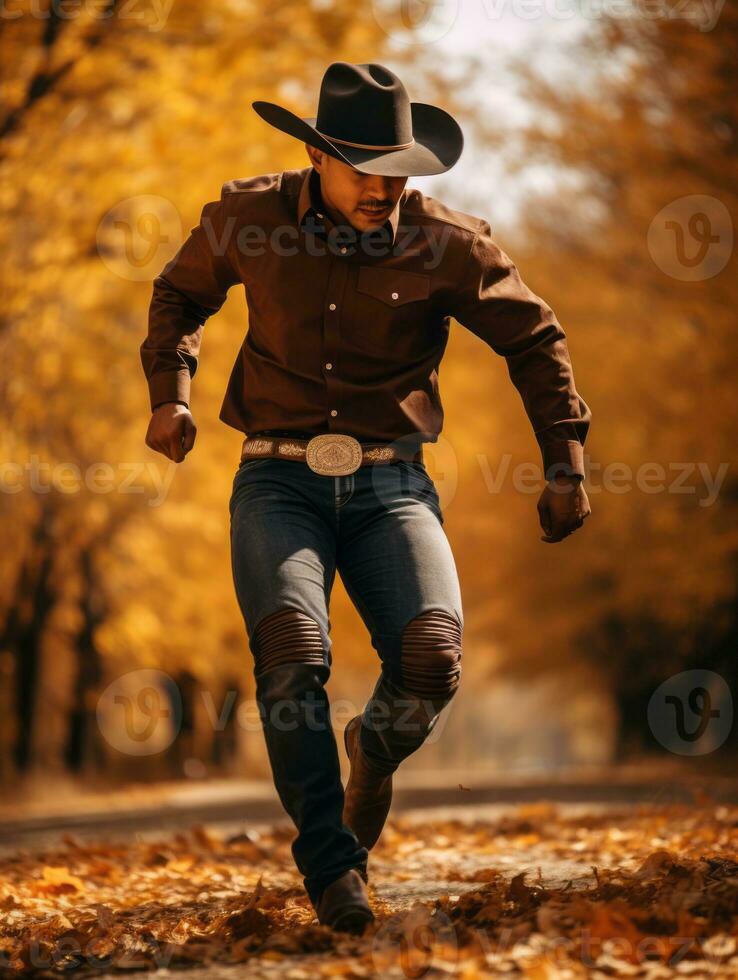 photo of emotional dynamic pose Mexican man in autumn AI Generative