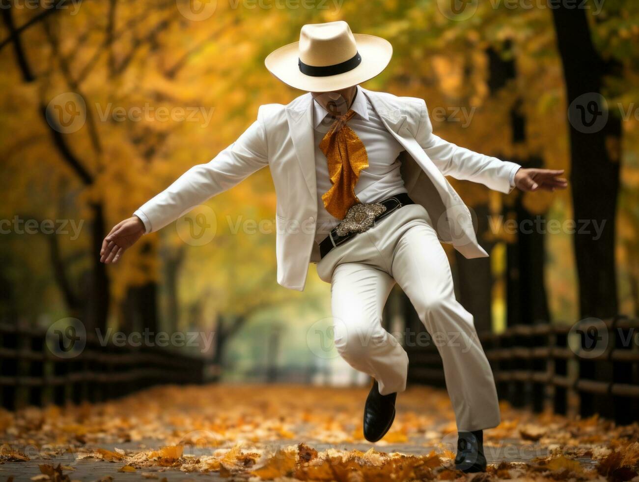 photo of emotional dynamic pose Mexican man in autumn AI Generative