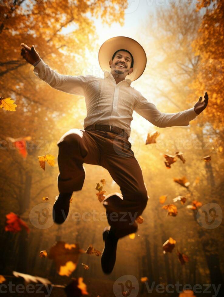 photo of emotional dynamic pose Mexican man in autumn AI Generative