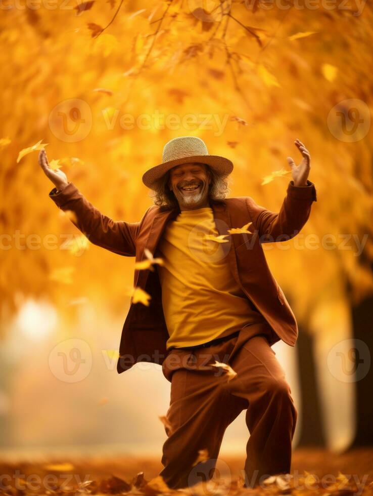 photo of emotional dynamic pose Mexican man in autumn AI Generative