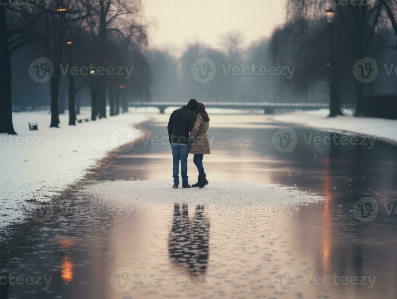 amoroso Pareja es disfrutando un romántico invierno día ai generativo foto