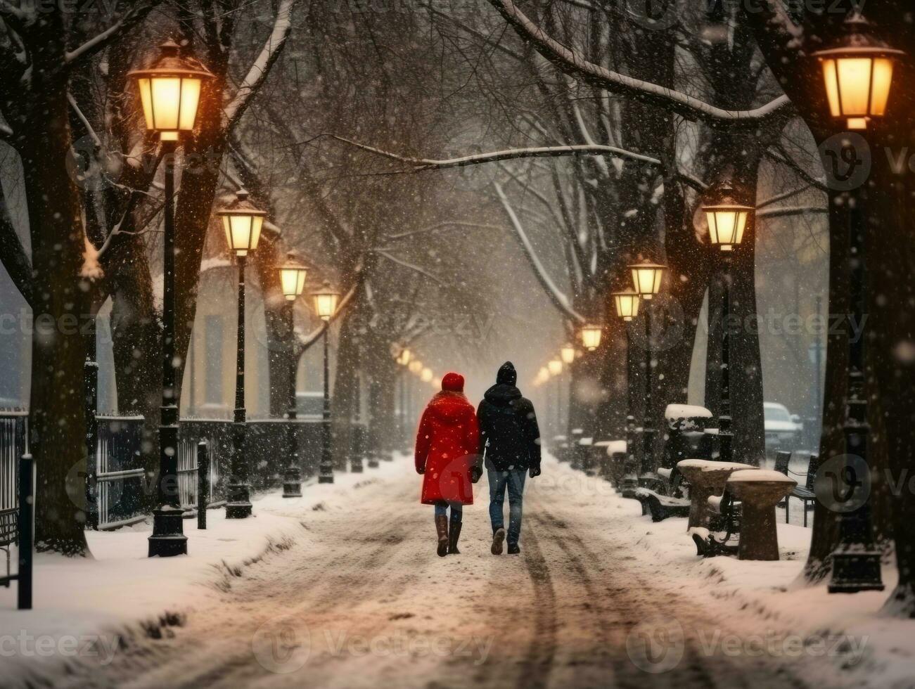 Loving couple is enjoying a romantic winter day AI Generative photo