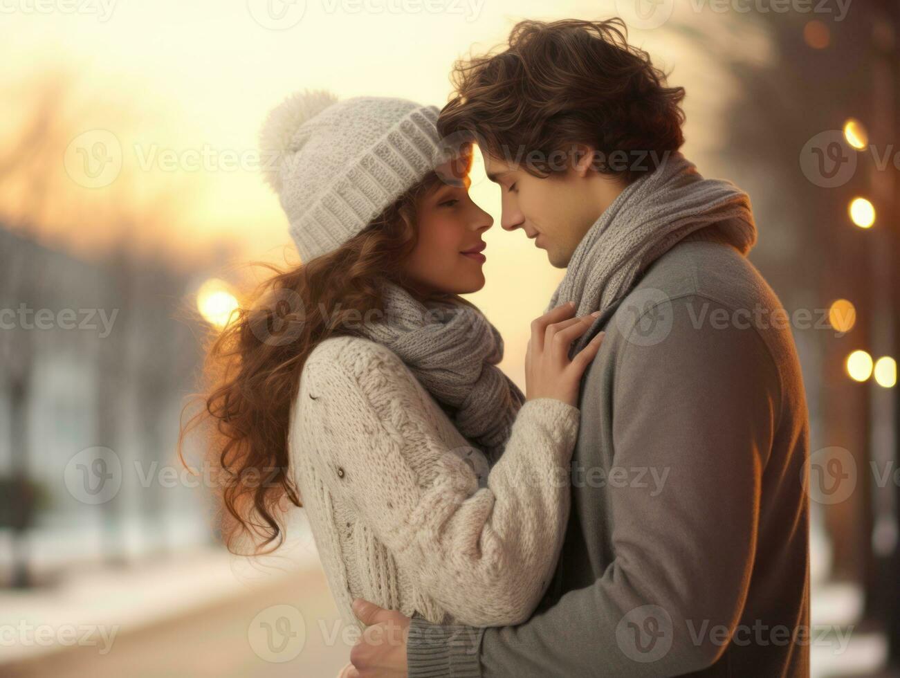 Loving couple is enjoying a romantic winter day AI Generative photo