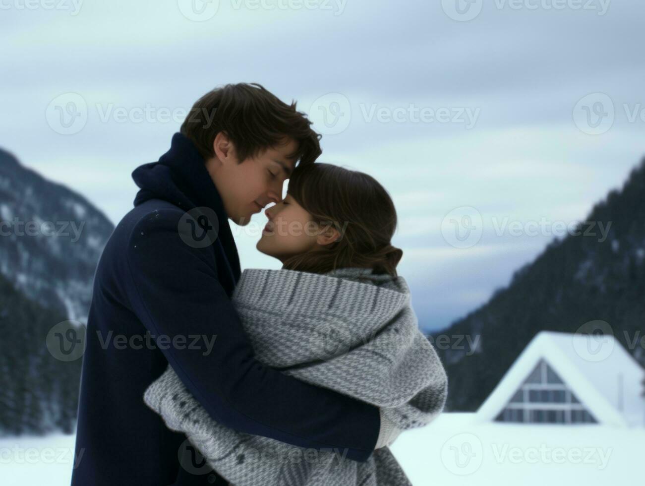 Loving couple is enjoying a romantic winter day AI Generative photo
