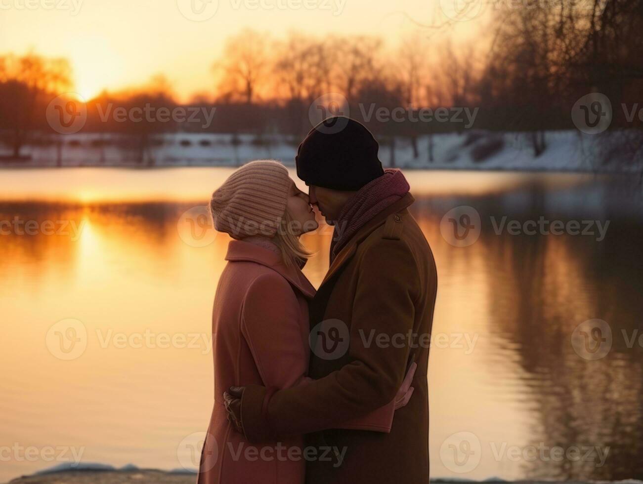 amoroso Pareja es disfrutando un romántico invierno día ai generativo foto