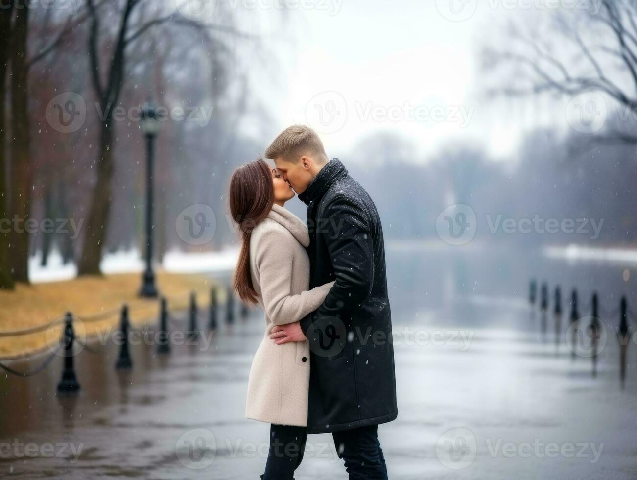 amoroso Pareja es disfrutando un romántico invierno día ai generativo foto