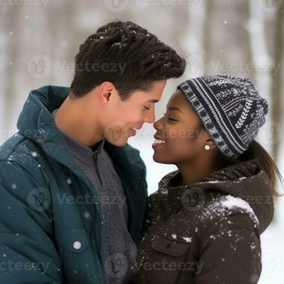 Loving teenage interracial couple is enjoying a romantic winter day AI Generative photo