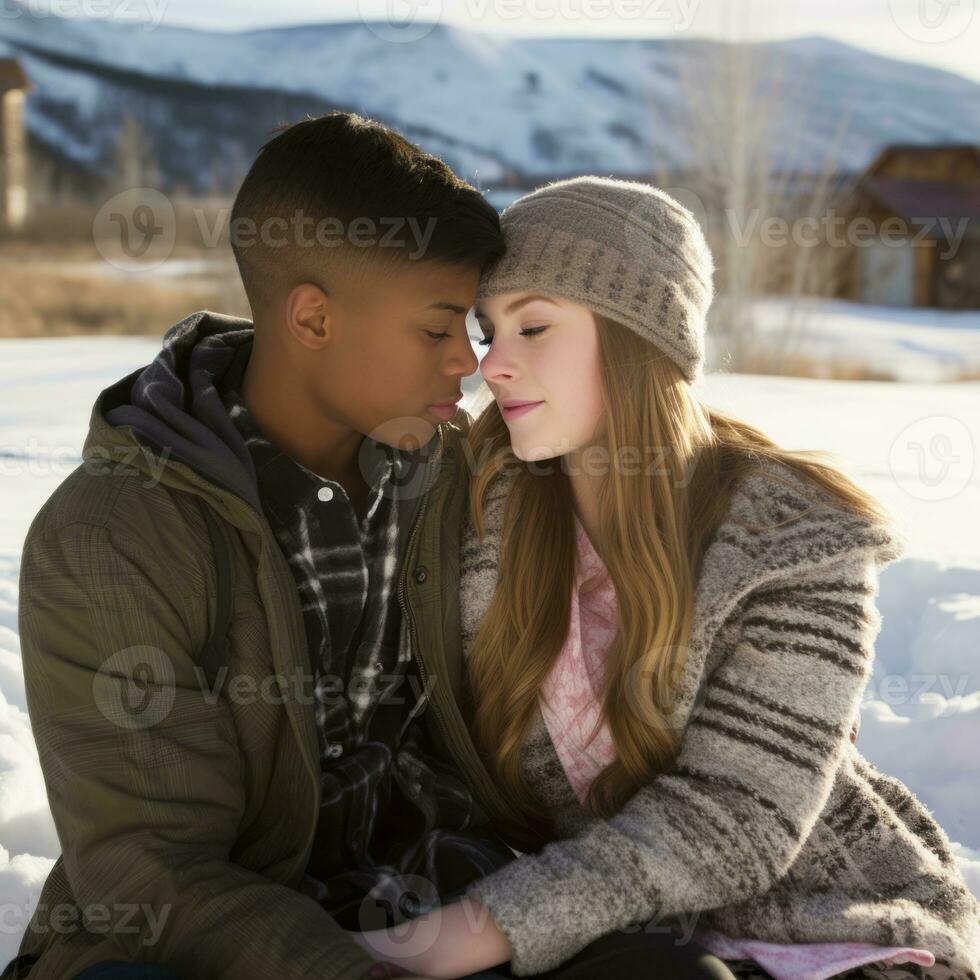 Loving teenage interracial couple is enjoying a romantic winter day AI Generative photo