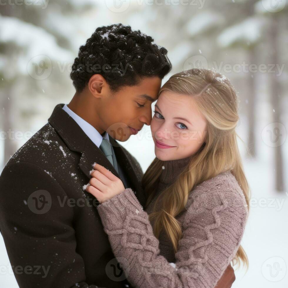 Loving teenage interracial couple is enjoying a romantic winter day AI Generative photo