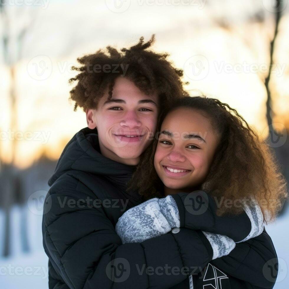 Loving teenage interracial couple is enjoying a romantic winter day AI Generative photo