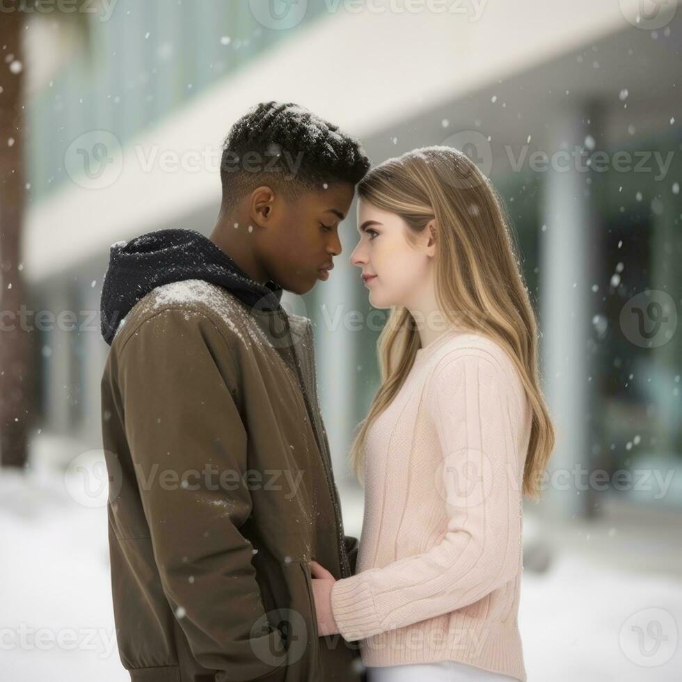 Loving teenage interracial couple is enjoying a romantic winter day AI Generative photo