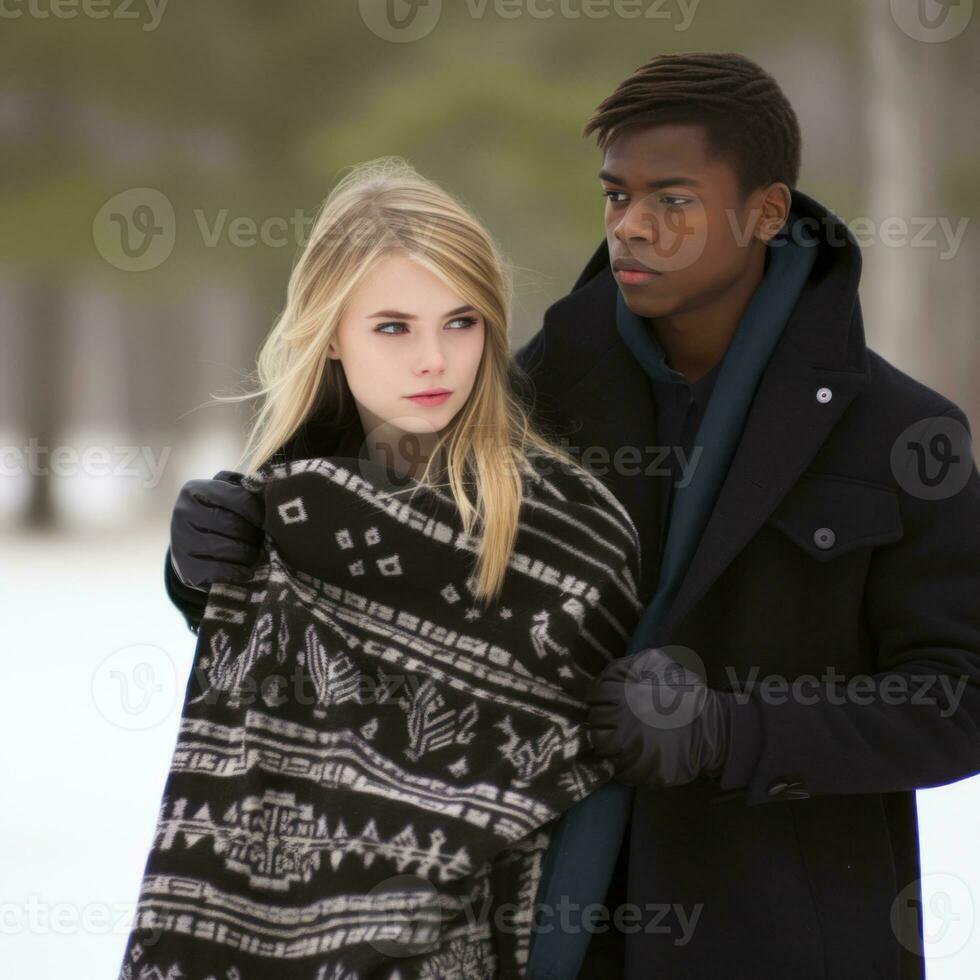 Loving teenage interracial couple is enjoying a romantic winter day AI Generative photo