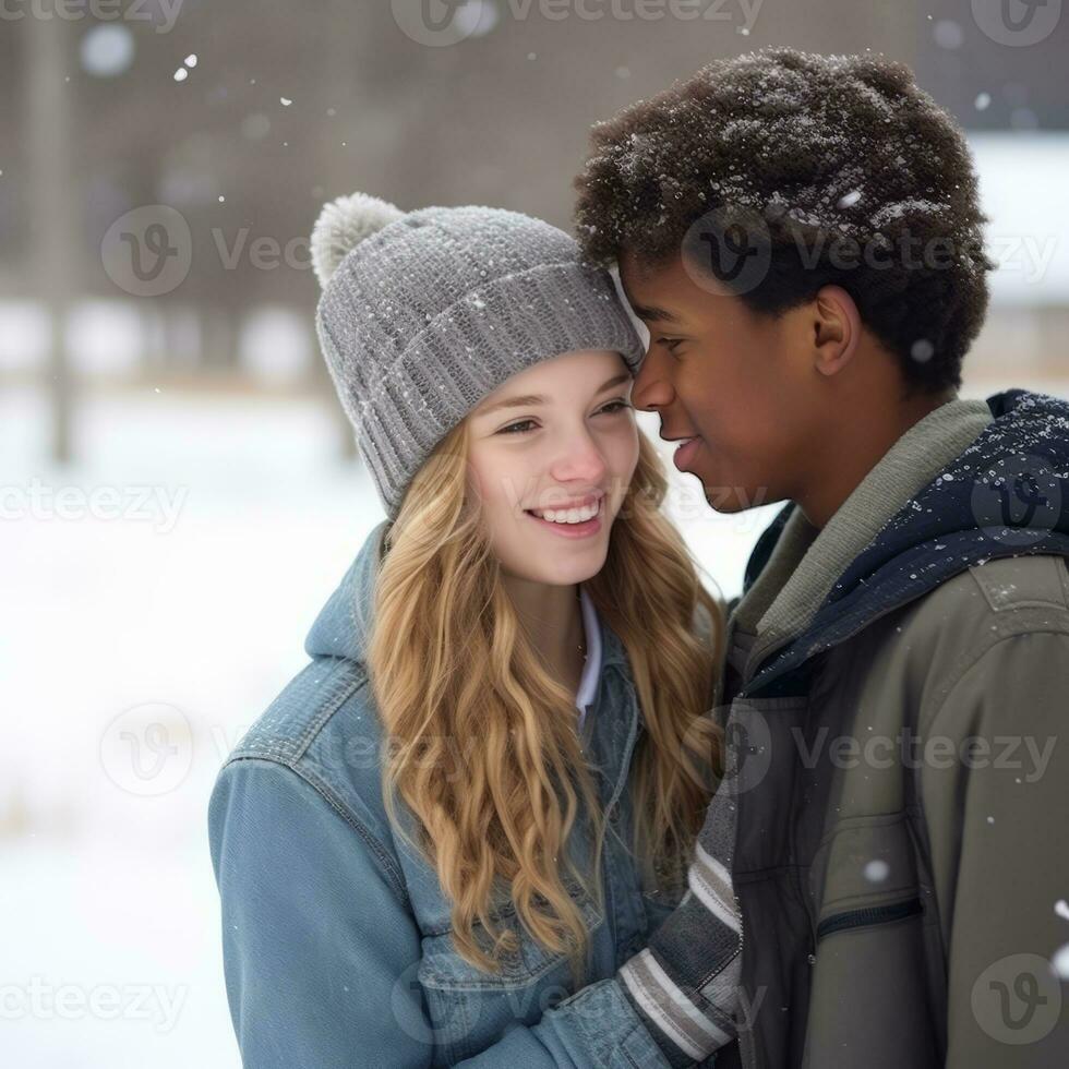 Loving teenage interracial couple is enjoying a romantic winter day AI Generative photo