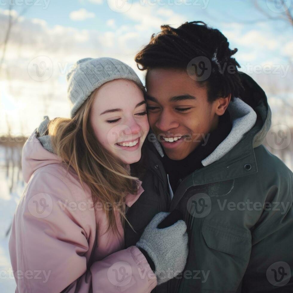 Loving teenage interracial couple is enjoying a romantic winter day AI Generative photo