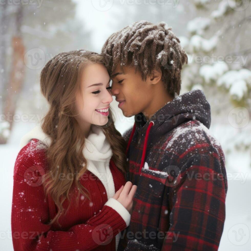 Loving teenage interracial couple is enjoying a romantic winter day AI Generative photo