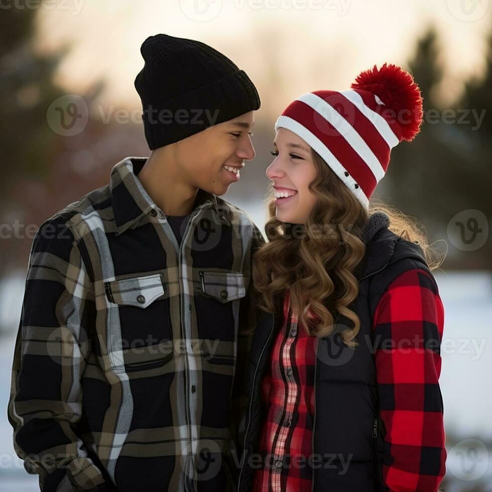 amoroso Adolescente interracial Pareja es disfrutando un romántico invierno día ai generativo foto