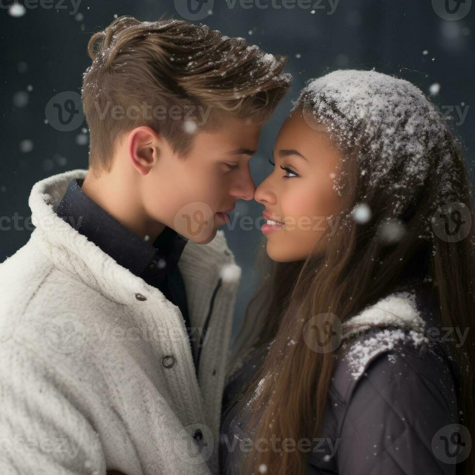 Loving teenage interracial couple is enjoying a romantic winter day AI Generative photo