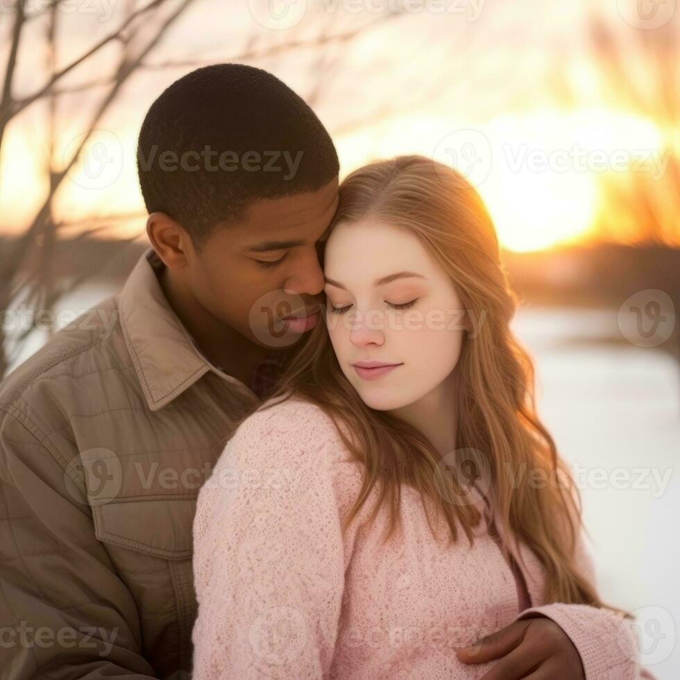 Loving teenage interracial couple is enjoying a romantic winter day AI Generative photo