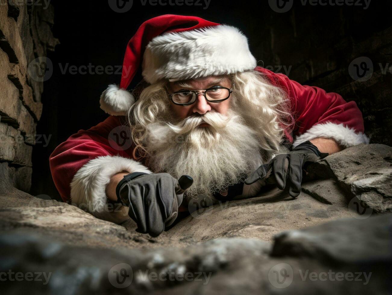 Man dressed as Santa Claus in playful pose on solid background AI Generative photo