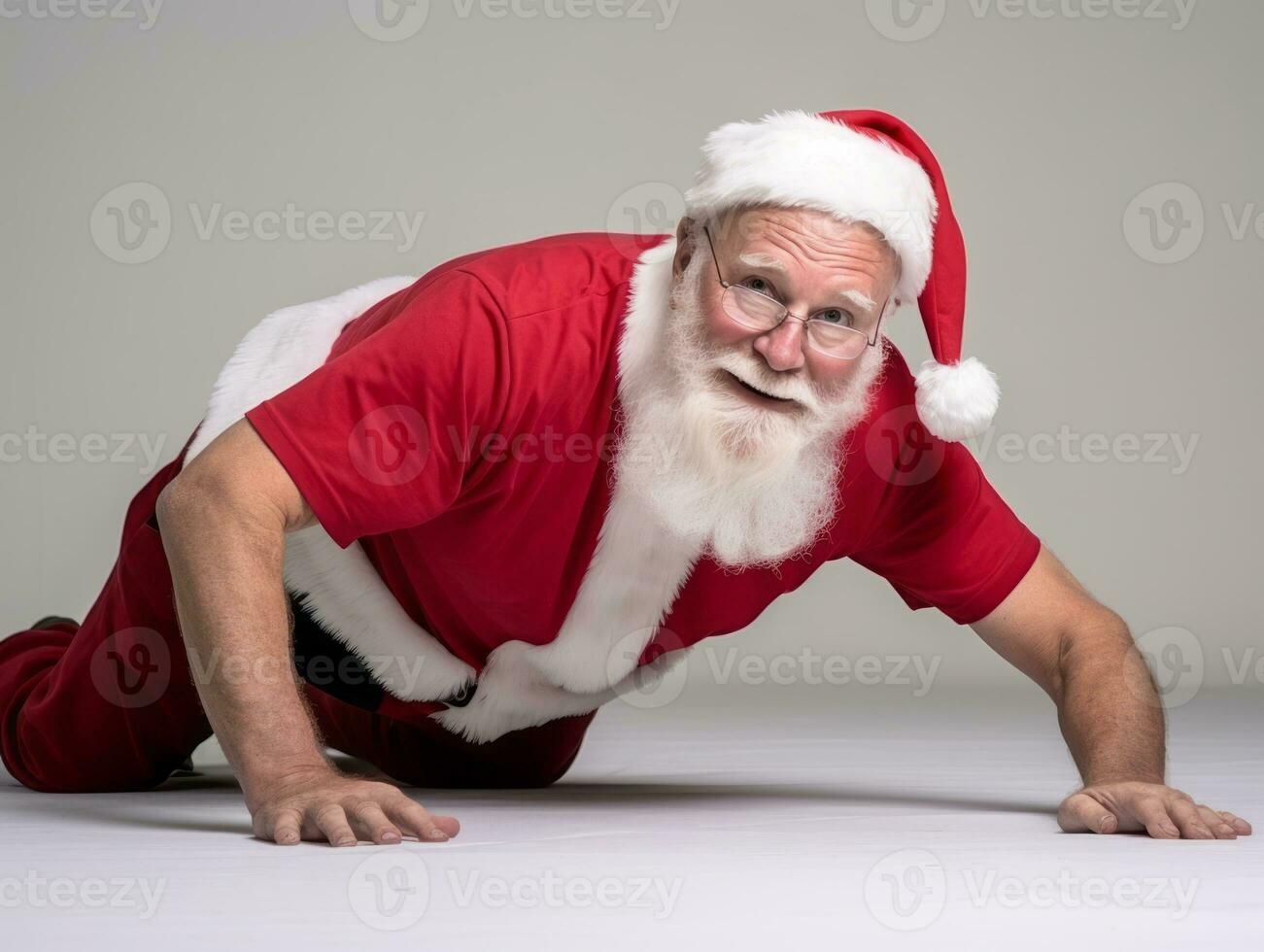 hombre vestido como Papa Noel claus en juguetón actitud en sólido antecedentes ai generativo foto