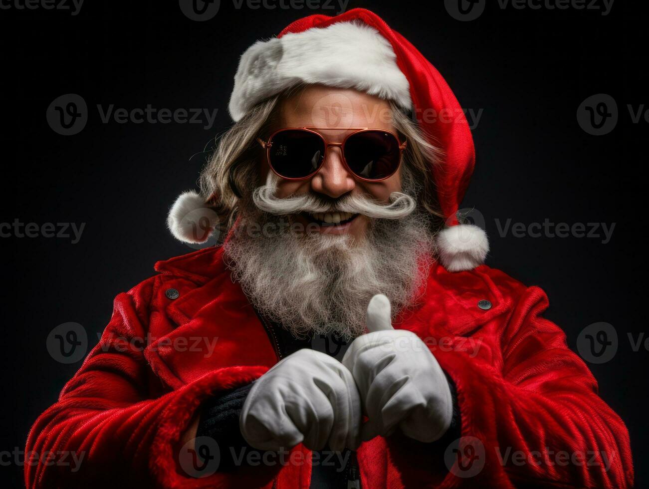 hombre vestido como Papa Noel claus en juguetón actitud en sólido antecedentes ai generativo foto