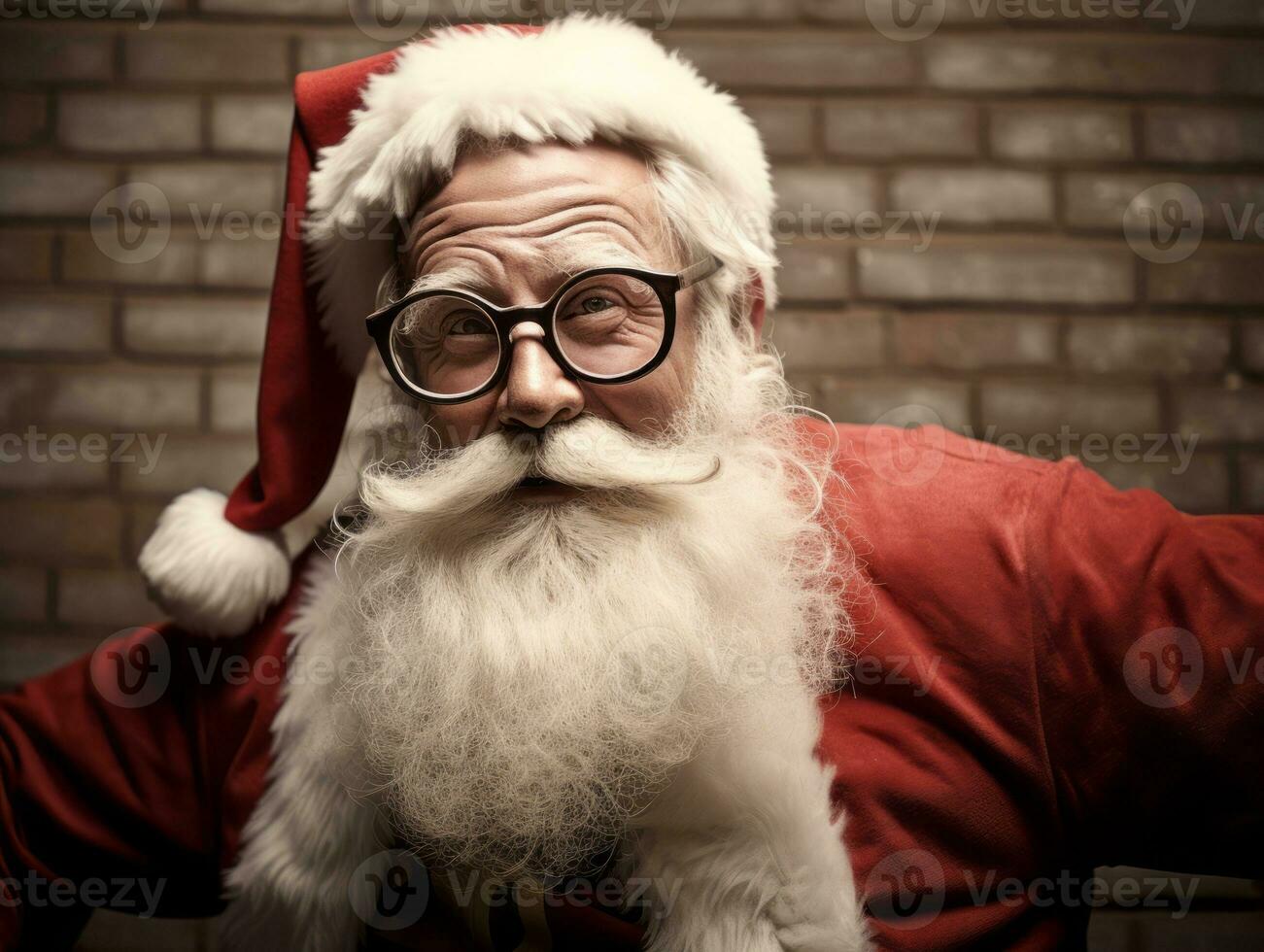 Man dressed as Santa Claus in playful pose on solid background AI Generative photo