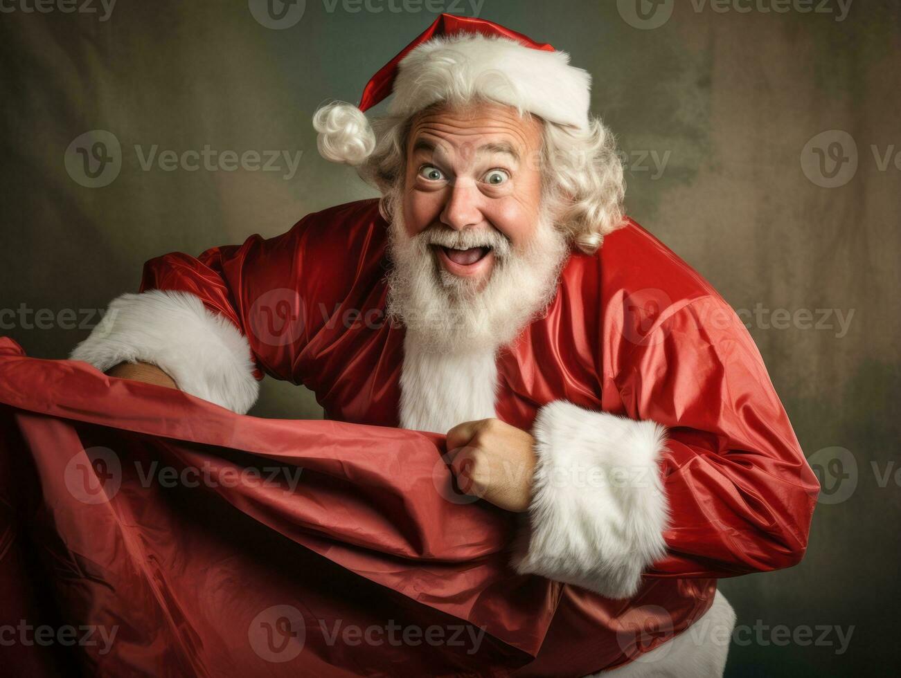 Man dressed as Santa Claus in playful pose on solid background AI Generative photo