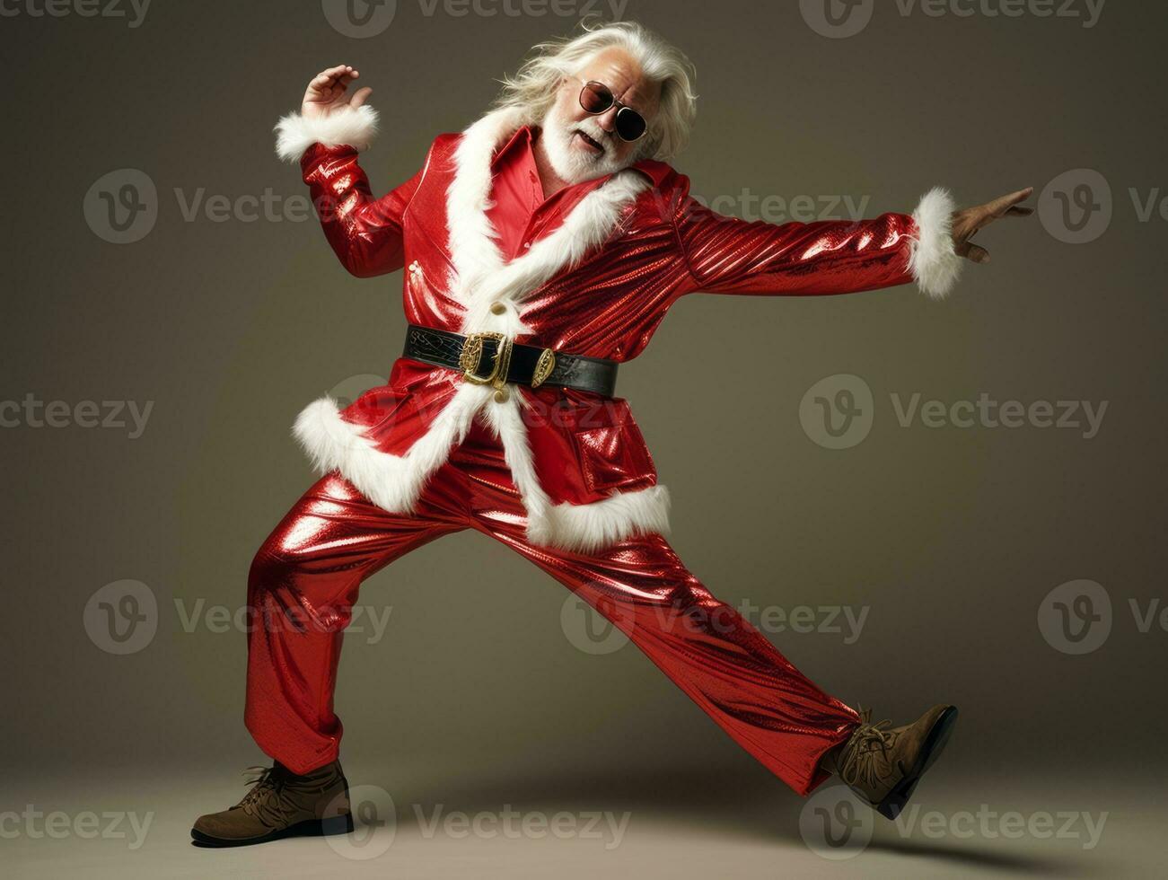 Man dressed as Santa Claus in playful pose on solid background AI Generative photo