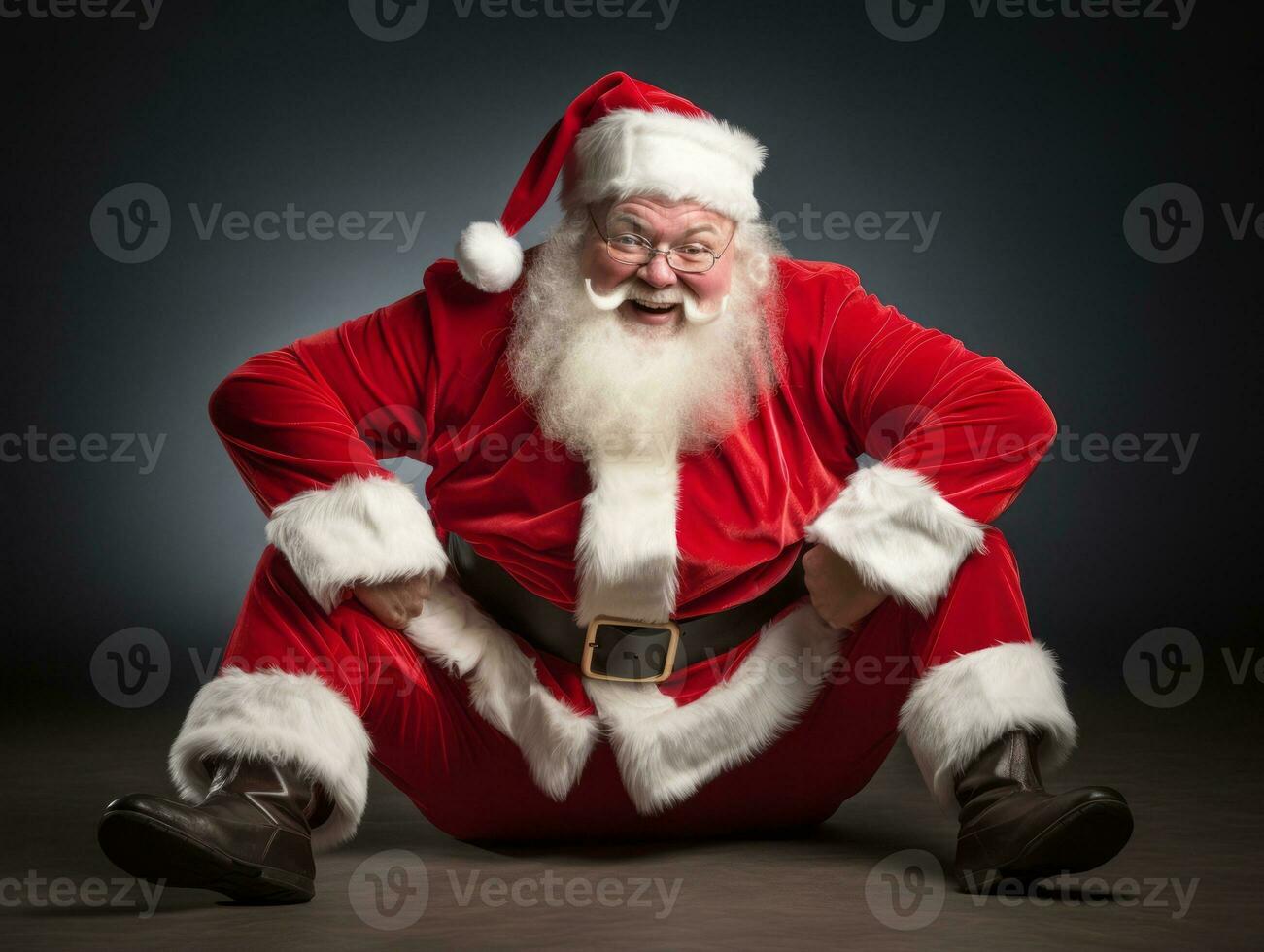 Man dressed as Santa Claus in playful pose on solid background AI Generative photo