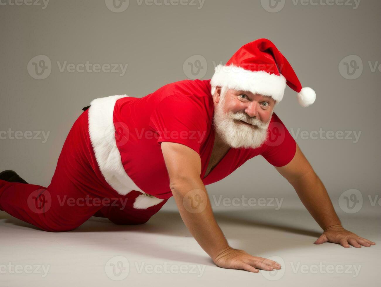 Man dressed as Santa Claus in playful pose on solid background AI Generative photo