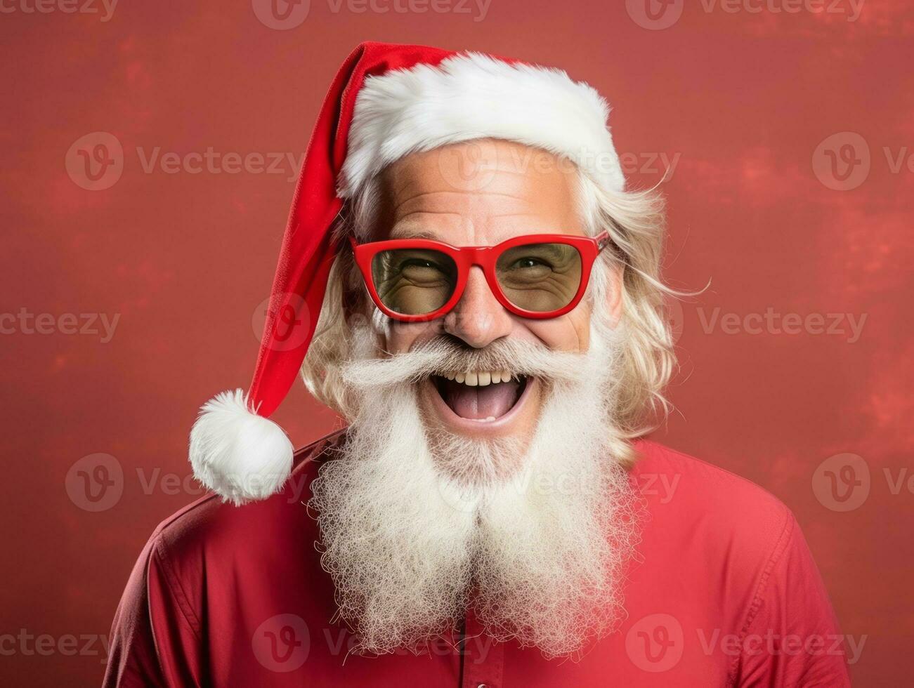 Man dressed as Santa Claus in playful pose on solid background AI Generative photo