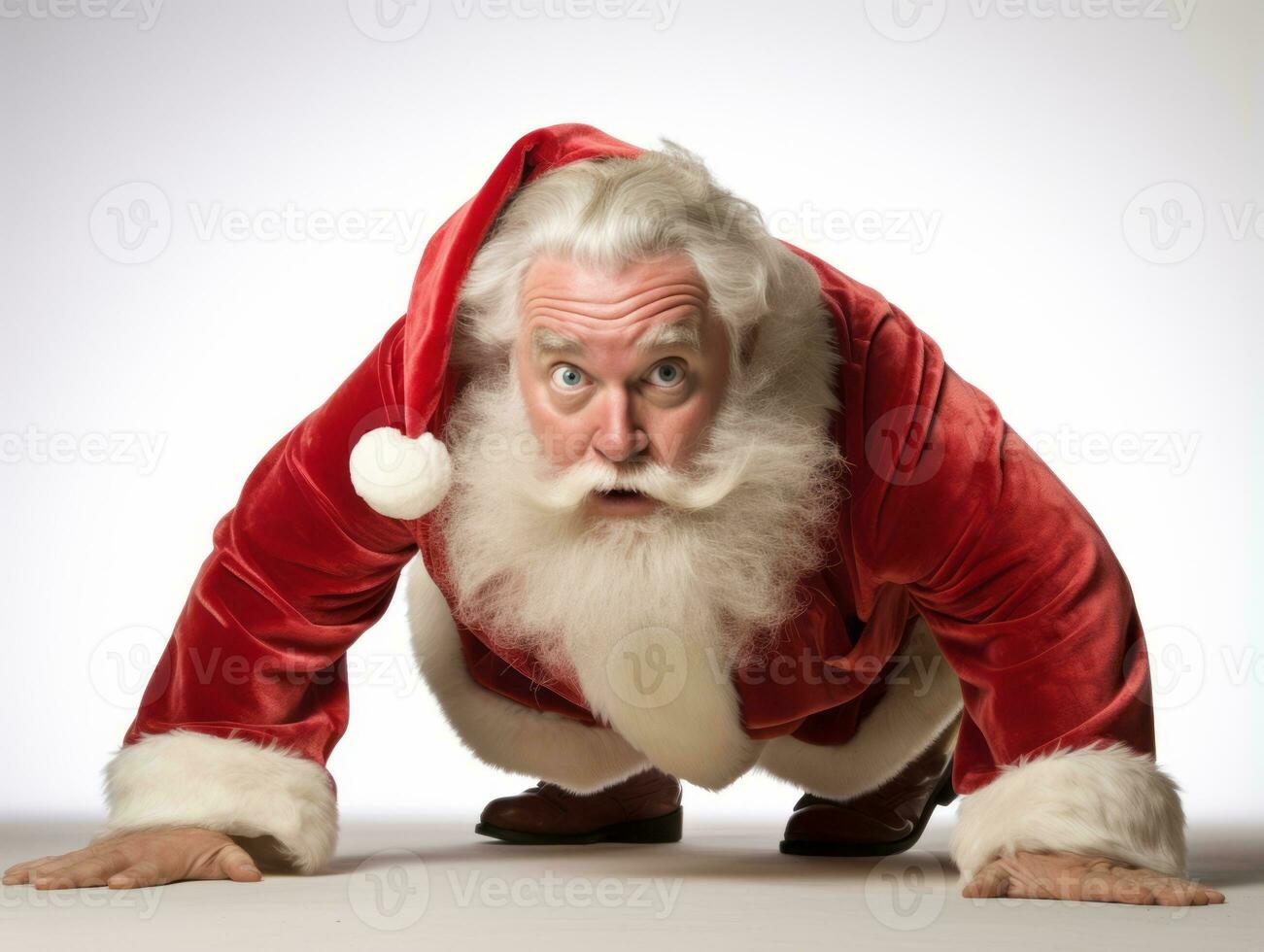 Man dressed as Santa Claus in playful pose on solid background AI Generative photo