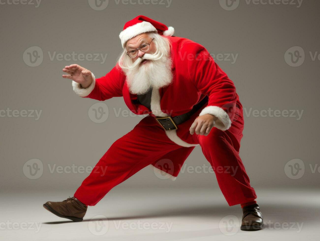 Man dressed as Santa Claus in playful pose on solid background AI Generative photo