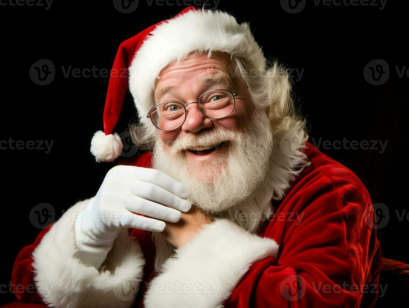 Man dressed as Santa Claus in playful pose on solid background AI Generative photo