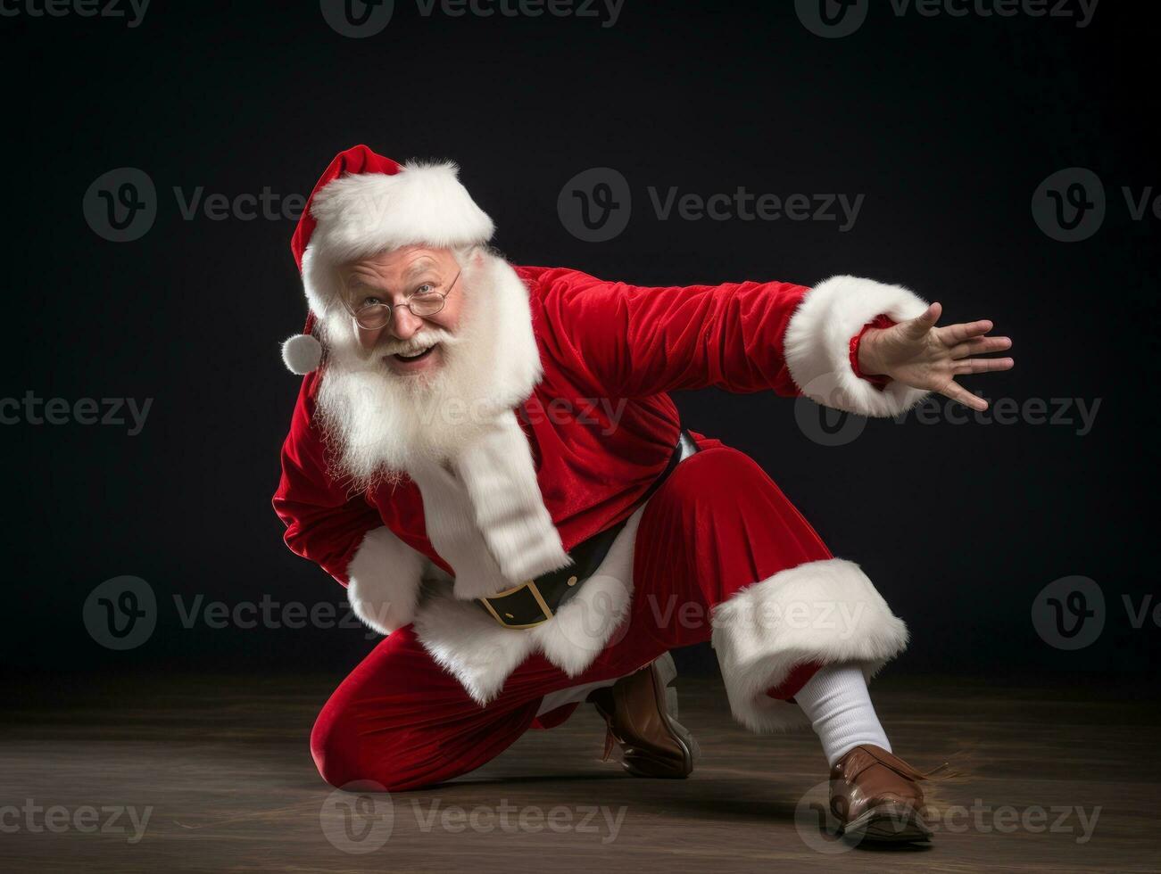 Man dressed as Santa Claus in playful pose on solid background AI Generative photo