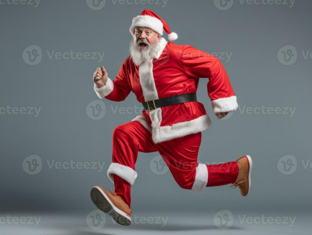 Man dressed as Santa Claus in playful pose on solid background AI Generative photo