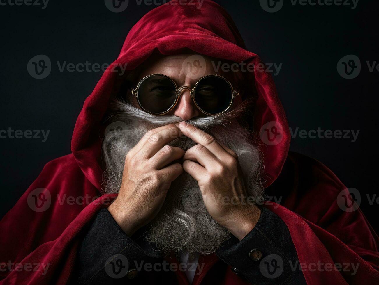 hombre vestido como Papa Noel claus en juguetón actitud en sólido antecedentes ai generativo foto