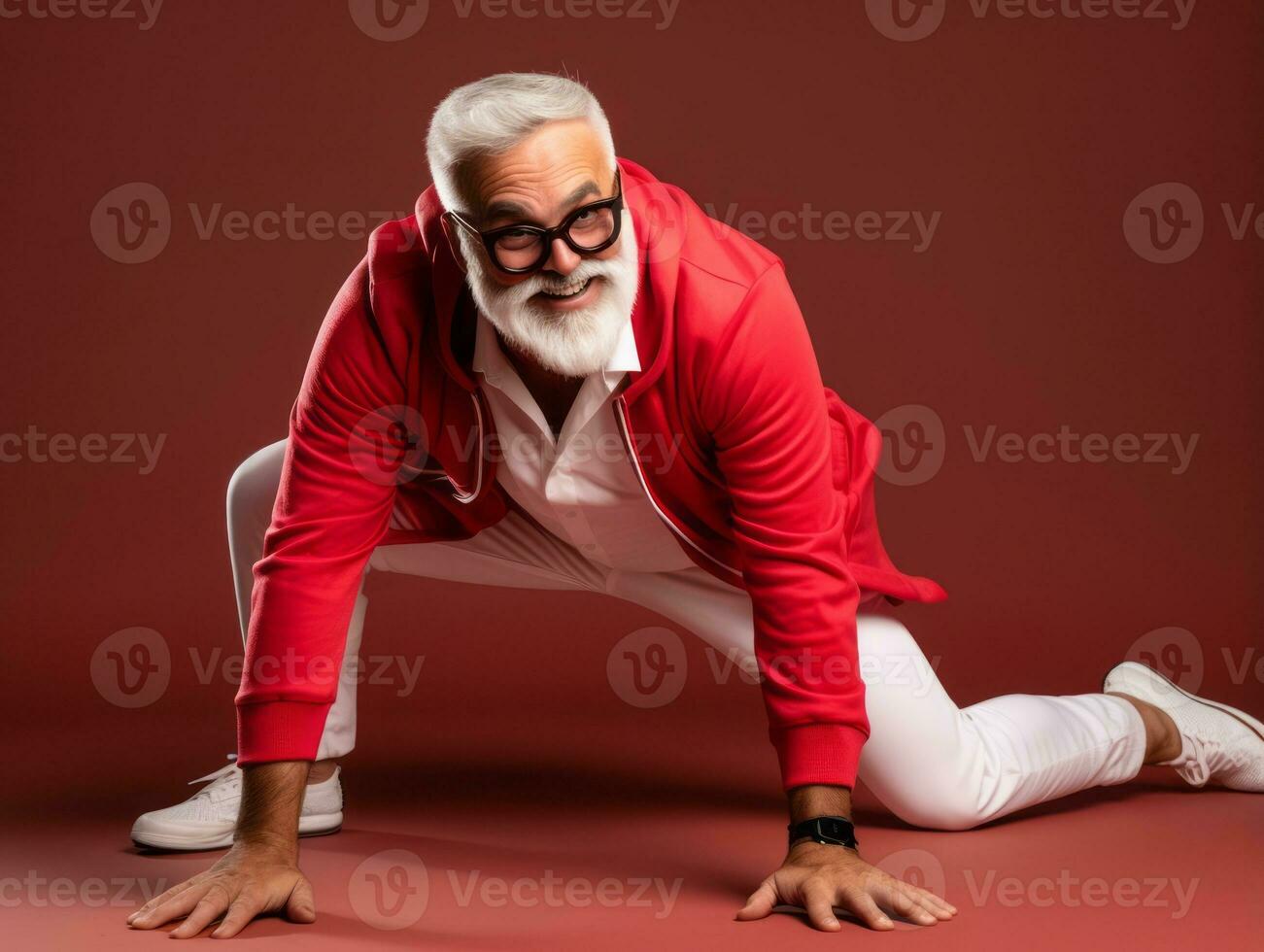 Man dressed as Santa Claus in playful pose on solid background AI Generative photo