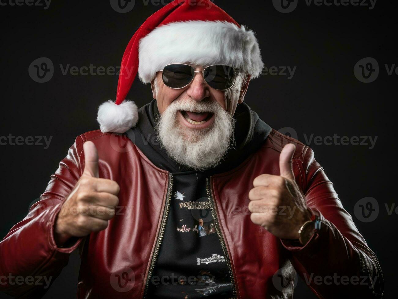 hombre vestido como Papa Noel claus en juguetón actitud en sólido antecedentes ai generativo foto