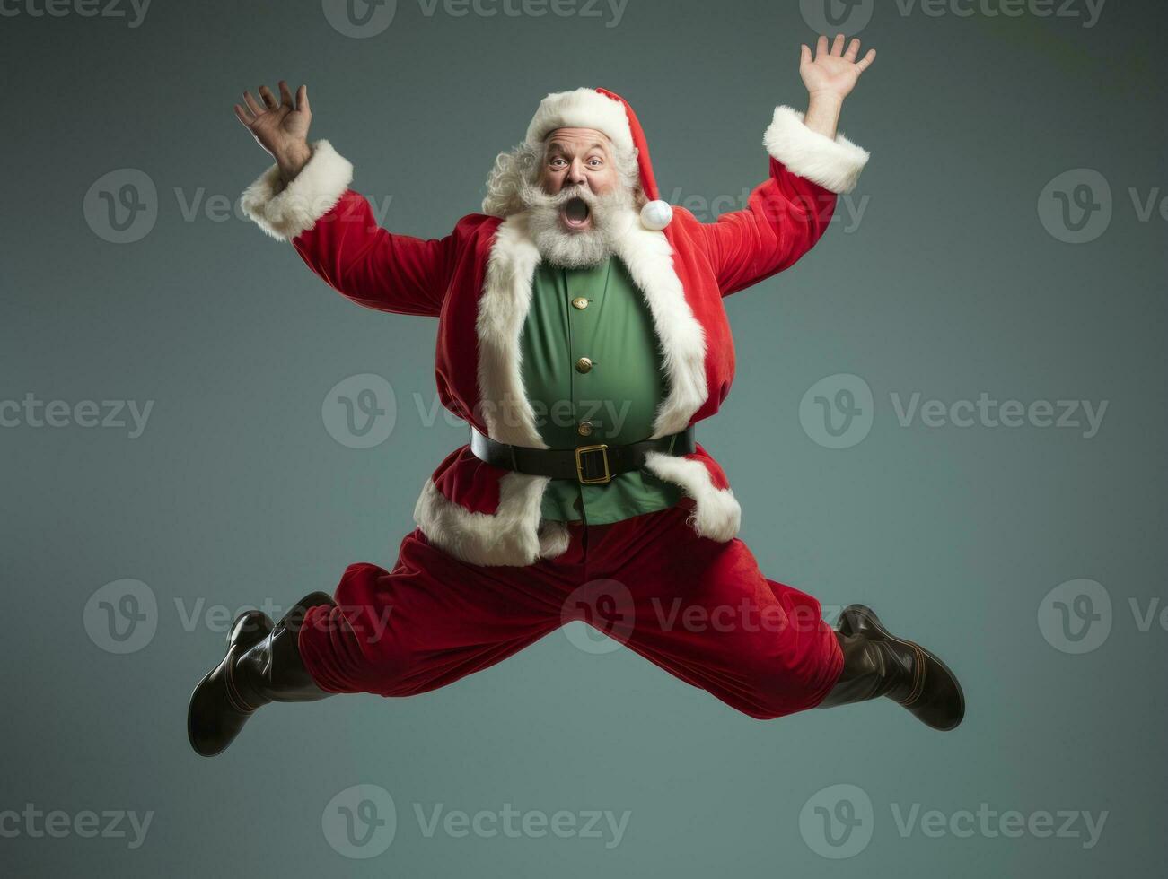 Man dressed as Santa Claus in playful pose on solid background AI Generative photo