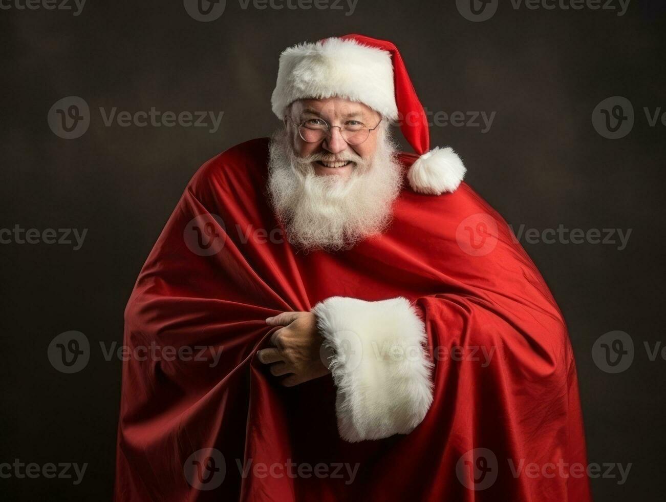 Man dressed as Santa Claus in playful pose on solid background AI Generative photo